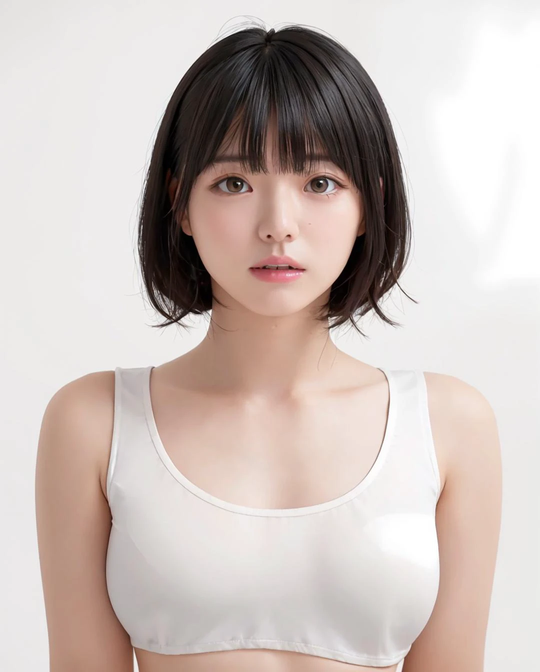 best quality, photorealistic, 8k, high res, 1girl, woman, (skindentation), (portrait:0.6), gorgeous, ((whitebackground:2.1)), ((smallsize round breast, sleeveless white tshirt:1.98)), straight-looking at viewer:1.8, (1girl eyes looking at viewer, medium-length hair, brownhair, partedbangs:1.65), photorealistic, (bokeh), (closed mouth:1.46), gorgeous, pureerosface_v1, <lora:GRAV-hazuki:0.75>