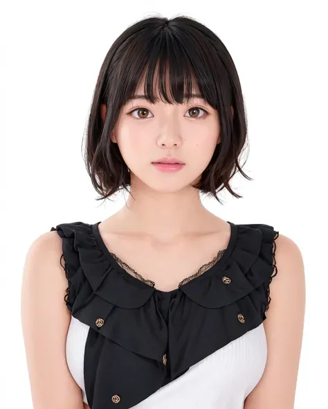 best quality, photorealistic, 8k, high res, 1girl, woman, (skindentation), (portrait:0.6), gorgeous, ((whitebackground:2.1)), ((smallsize round breast, sleeveless white tshirt:1.75)), straight-looking at viewer:1.8, (1girl eyes looking at viewer, medium-length hair, brownhair, partedbangs:1.65), photorealistic, (bokeh), (closed mouth:1.46), gorgeous, pureerosface_v1, <lora:GRAV-hazuki:0.75>