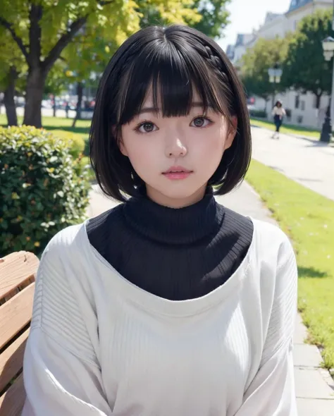pureerosface_v1:0.3, best quality, photorealistic, 8k, high res, full color, 1girl, woman, 20 years old woman, (closed mouth:1.75), (skindentation), (portrait:0.6), trees, park bench, daylight, ((park background:1.52)), full color, ((necksweater:1.68)), looking at viewer:1.8, (1girl eyes looking at viewer:1.55), (short-length hair, black bobhair, partedbangs:1.45), (bokeh), <lora:AAG-hazuki:0.7>