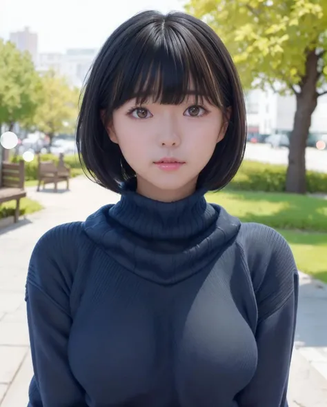 pureerosface_v1:0.3, best quality, photorealistic, 8k, high res, full color, 1girl, woman, 20 years old woman, (closed mouth:1.75), (skindentation), (portrait:0.6), trees, park bench, daylight, ((park background:1.52)), full color, ((necksweater:1.68)), looking at viewer:1.8, (1girl eyes looking at viewer:1.55), (short-length hair, blackhair, partedbangs:1.45), (bokeh), <lora:AAG-hazuki:0.7>