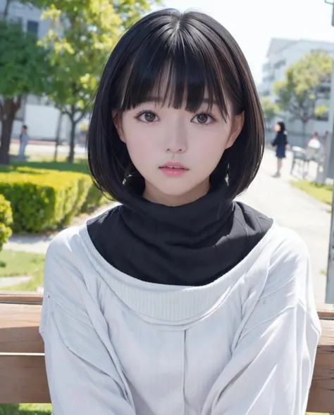 pureerosface_v1:0.3, best quality, photorealistic, 8k, high res, full color, 1girl, woman, 20 years old woman, (closed mouth:1), (skindentation), (portrait:0.6), trees, park bench, daylight, ((park background:1.52)), full color, ((necksweater:1.68)), looking at viewer:1.8, (1girl eyes looking at viewer:1.55), (short-length hair, black bobhair, partedbangs:1.45), (bokeh), <lora:AAG-hazuki:0.7>