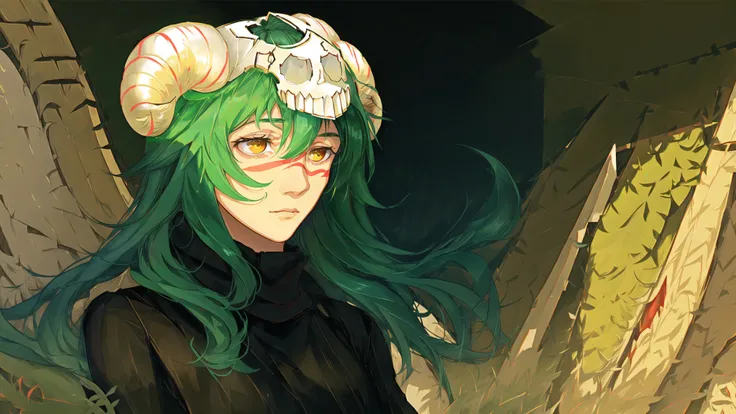 1girl, mksks style, <lora:cz_nell-000002:0.8>, green hair, close up, looking away, long hair, depth of field, forest, ribbed sweater, horns, scull on head, (red facial mark:1.2), yellow eyes, painting \(medium\),