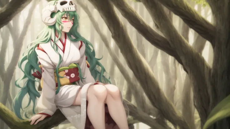 1girl, <lora:cz_nell-000002:0.65>, green hair, looking away, sitting, long hair, hard light, forest, white kimono, horns, scull on head, (red facial mark:1.2), yellow eyes,