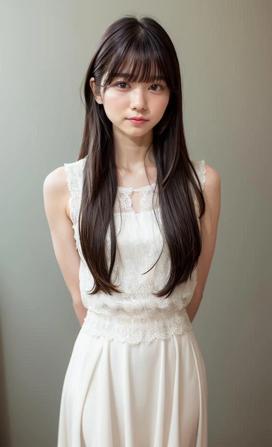 nibuakariLoRA, girl, photorealistic, RAW photo, best quality, (perfect anatomy), (looking at viewer:1.2), (Depth of field:0.6), (standing), (arms behind back:1.6), (on room. simple background), 18yo, (child:0.5), (flat chest:1.2), stunning face, full body, (wearing gorgeous long evening dress :1.25), (voluptuous:0.6), (brown straight medium hair), lighting the subject, (fair skin:1.2), bangs, (big face:0.6), <lora:add_detail:0.3>, <lora:nibuakari_v1.0_20231002_2051:0.5>