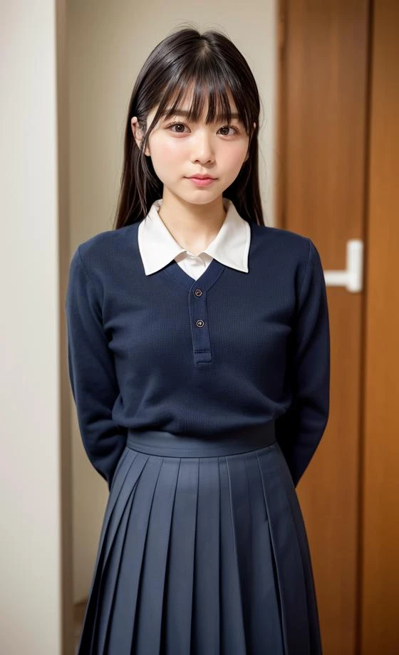 nibuakariLoRA, girl, photorealistic, RAW photo, best quality, (perfect anatomy), (looking at viewer:1.2), (Depth of field:0.6), (standing), (arms behind back:1.6), (on room. simple background), 22yo, (flat chest:1.3), full body, (wearing dark blue Japanese school uniform:1.25), (dark blue long skirt:1.35), long sleeve, neck tie, (straight medium hair), lighting the subject, (fair skin:1.2), bangs, (tall), (voluptuous:1.25), <lora:add_detail:0.3>, <lora:nibuakari_v1.0_20231002_2051:0.5>