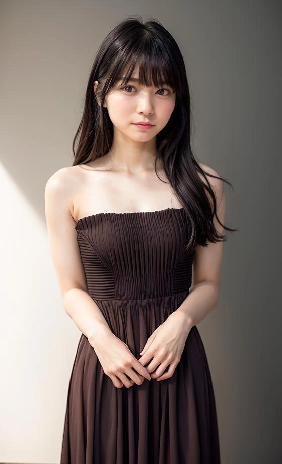 nibuakariLoRA, girl, photorealistic, RAW photo, best quality, (perfect anatomy), (looking at viewer:1.2), (Depth of field:0.6), (standing), (arms behind back:1.6), (on room. simple background), 18yo, (child:0.5), (flat chest:1.2), stunning face, full body, (wearing gorgeous long evening dress :1.25), (voluptuous:0.6), (brown straight medium hair), lighting the subject, (fair skin:1.2), bangs, (big face:0.6), <lora:add_detail:0.3>, <lora:nibuakari_v1.0_20231002_2051:0.5>