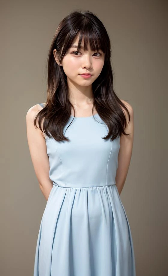 nibuakariLoRA, girl, photorealistic, RAW photo, best quality, (perfect anatomy), (looking at viewer:1.2), (Depth of field:0.6), (standing), (arms behind back:1.6), (on room. simple background), 18yo, (child:0.5), (flat chest:1.2), stunning face, full body, (wearing gorgeous long evening dress :1.25), (voluptuous:0.6), (brown straight medium hair), lighting the subject, (fair skin:1.2), bangs, (big face:0.6), <lora:add_detail:0.3>, <lora:nibuakari_v1.0_20231002_2051:0.5>