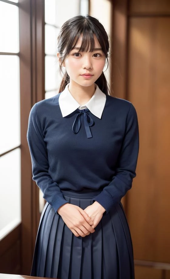 nibuakariLoRA, girl, photorealistic, RAW photo, best quality, (perfect anatomy), (looking at viewer:1.2), (Depth of field:0.6), (standing), (arms behind back:1.6), (on room. simple background), 22yo, (flat chest:1.3), full body, (wearing dark blue Japanese school uniform:1.25), (dark blue long skirt:1.35), long sleeve, neck tie, (straight medium hair), lighting the subject, (fair skin:1.2), bangs, (tall), (voluptuous:1.2), <lora:add_detail:0.3>, <lora:nibuakari_v1.0_20231002_2051:0.5>