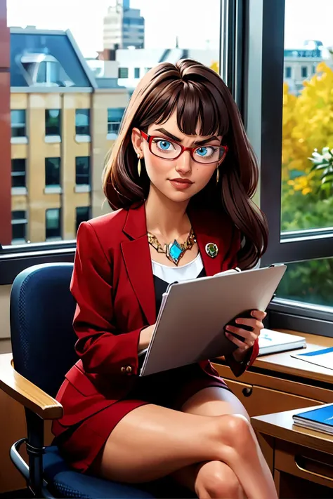 holly, long brown hair,blue eyes,earrings,bangs, red glasses, red suit, necklace, dress skirt, looking at viewer,serious, smirk, sitting, on chair, holding clipboard, legs crossed, inside, office, desk, window, cityscape, high quality, masterpiece, <lora:warwoman:.7>