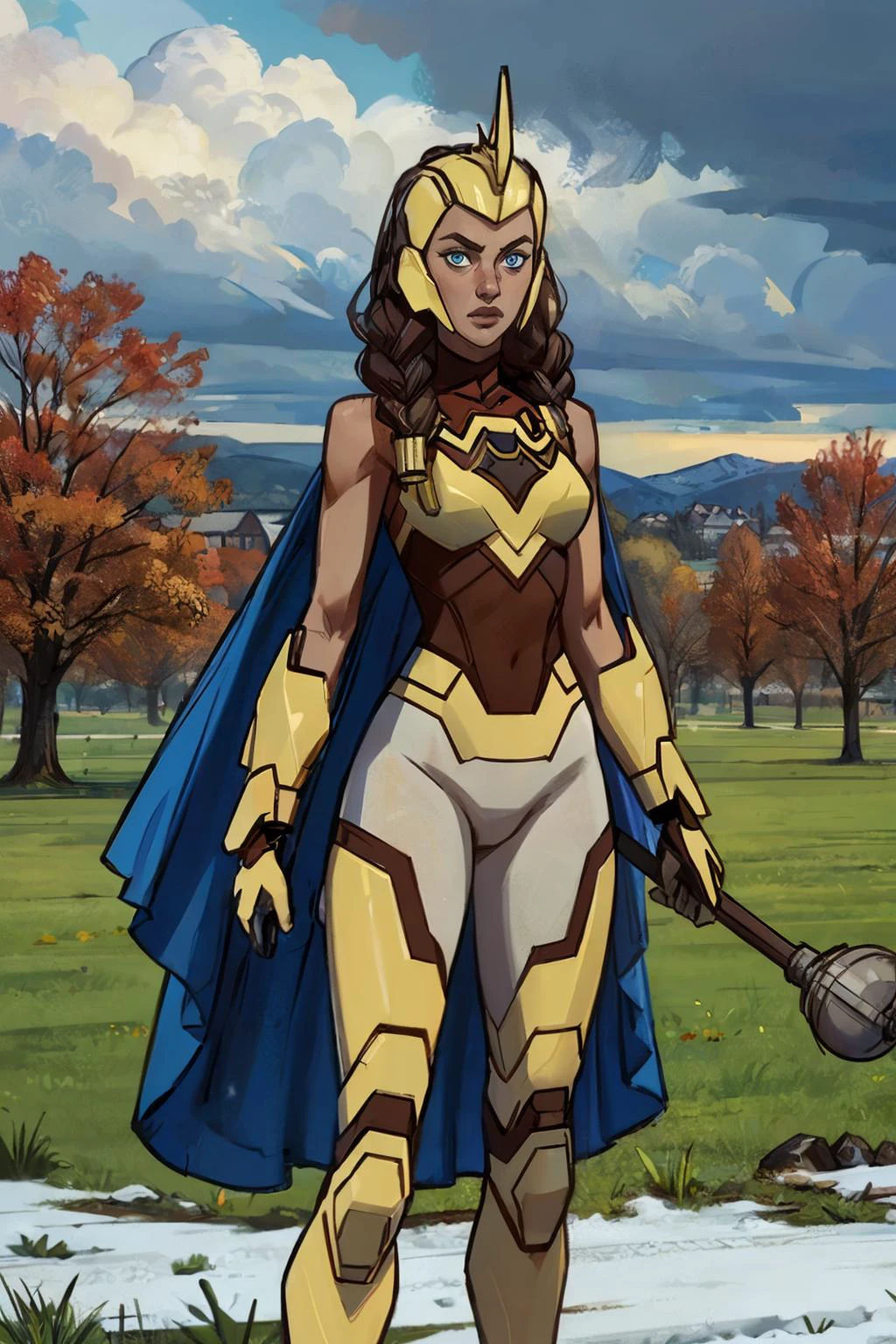 holly, braided hair, helmet, blue eyes,armor,cape, breasts, bodysuit, sleeveless, looking at viewer,serious, medium shot, standing, holding a mace, outside, park, field, grass, autumn, snow, overcast, high quality, masterpiece, <lora:warwoman:.8>
