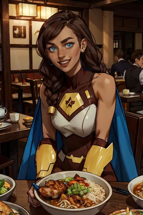 holly, braided hair, brown hair, blue eyes,armor,cape,bodysuit, sleeveless, looking at viewer,smiling, happy, teeth, upper body shot, sitting behind a table, inside a japanese restaurant, table full of food, ramen, rice, grilled chicken, high quality, masterpiece, <lora:warwoman:.7>