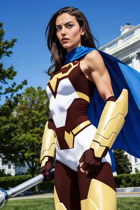 holly, long brown hair,blue eyes,armor,cape,gloves,bodysuit, sleeveless, looking at viewer, serious, standing, medium shot, holding a mace, outside, white house, washington dc, blue sky, high quality, masterpiece, <lora:warwoman:.8>