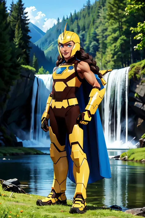 holly, braided hair, helmet, blue eyes,armor,cape,bodysuit, sleeveless, looking at viewer,smiling, full body shot, standing, outside, waterfall, lake, mountain, trees, grass, blue sky, high quality, masterpiece, <lora:warwoman:.7>