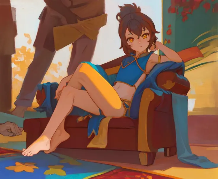 masterpiece, highest quality, ((cartoon)), Wilikitv1 <lora:Wilikitv1:0.8>, bright eyes, detailed face, detailed eyes, (oil painting medium), young female, hazel fur, petite body, clothed, orange and black hair, full body, solo, character focus, ((sitting/spread eagle)), ((barefoot)), ((feet focus)), perfect feet <lora:add_detail:0.7>