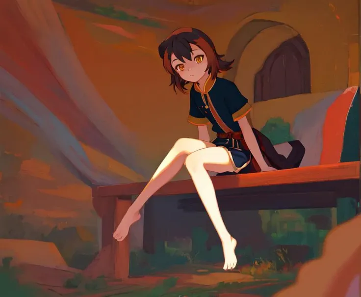 masterpiece, highest quality, ((cartoon)), Wilikitv1 <lora:Wilikitv1:0.8>, bright eyes, detailed face, detailed eyes, (oil painting medium), young female, hazel fur, petite body, clothed, orange and black hair, full body, solo, character focus, ((sitting/spread eagle)), ((barefoot)), ((feet focus)), perfect feet <lora:add_detail:0.7>