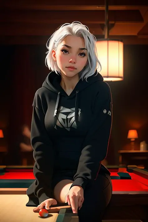 Merger_eliza_elfbaby,
(playing snooker in a dark atmospheric pool hall wearing casual clothing and a hoodie, atmospheric, snooker, cue, playing snooker, leaning over the table:1.2),
bokeh, f1.4, 40mm, photorealistic, raw, 8k, textured skin, skin pores, intricate details <lora:epi_noiseoffset2:1>, epiCRealism