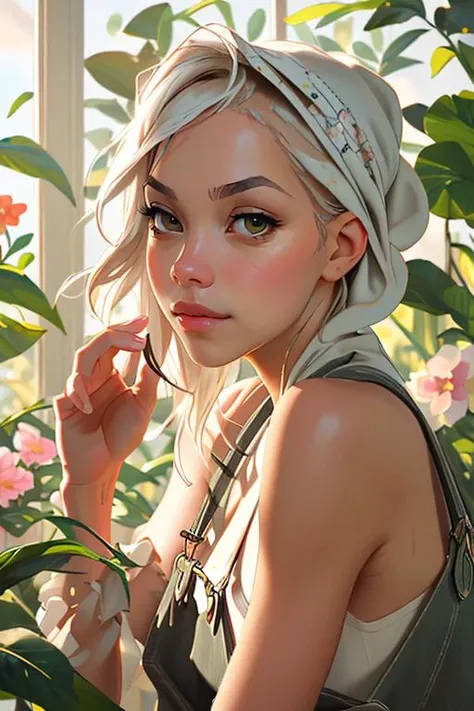 Merger_eliza_elfbaby,
(in a giant glass green house filled with exotic flowers and plants wearing overalls and a bandana walking through the flowers, arboretum, green house, glass, plants, flowers:1.2),
bokeh, f1.4, 40mm, photorealistic, raw, 8k, textured skin, skin pores, intricate details <lora:epi_noiseoffset2:1>, epiCRealism