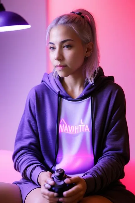 Merger_eliza_elfbaby,
(sitting at a computer wearing headphones and playing games (holding a controller:1.2) wearing a (hoodie:1.2) in a (neon lit room:1.3), (gamer:1.2), gaming, (gamer girl:1.3), games, (purple lighting, neon:1.2):1.2),
bokeh, f1.4, 40mm, photorealistic, raw, 8k, textured skin, skin pores, intricate details <lora:epi_noiseoffset2:1>, epiCRealism <lora:ClothingAdjuster3:-1>