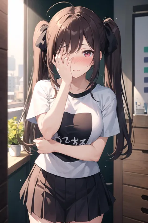 1girl, casual clothes, t-shirt, skirt, twintails, long hair, short sleeves, standing, embarrassed, (full face blush:1.2), covering face, hands on own face, room