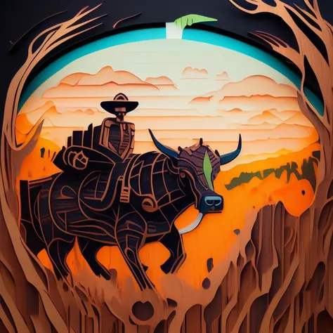 wooditize a cow being taken away by a UFO spaceship, artwork seen from the front