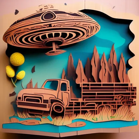 wooditize a cow being taken away by a UFO spaceship, artwork seen from the front