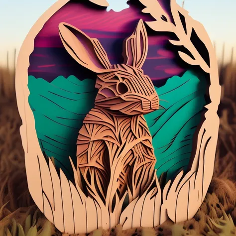 wooditize a rabbit in a field, artwork seen from the front