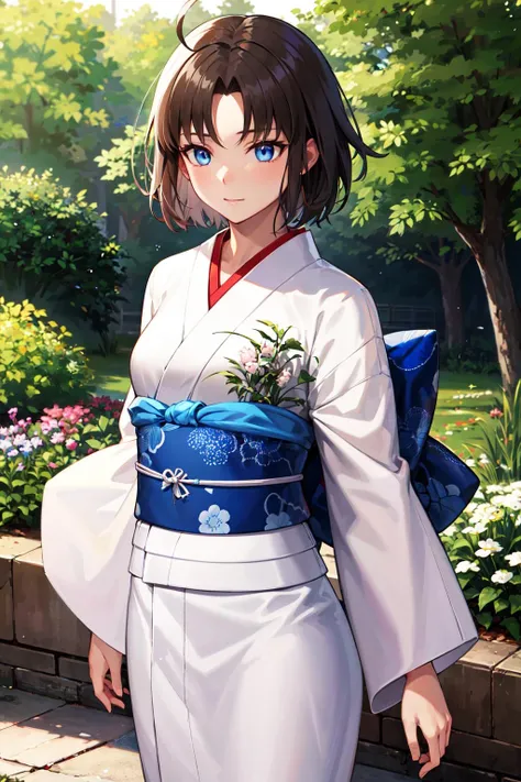 masterpiece, best quality, highres, hmshiki, short hair, ahoge, blue eyes, white kimono, <lora:ryougi_shiki_v1:0.7>, outdoors, standing, cowboy shot, garden