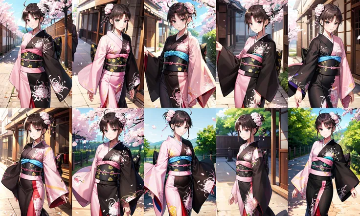 masterpiece, best quality, highres, aashiki, ahoge, hair flower, black eyes, multicolored clothes, black kimono, pink kimono, floral print, <lora:ryougi_shiki_v1:0.7>, petals, outdoors, standing, cowboy shot, arms at sides, straight-on,