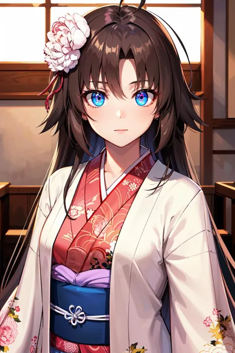 masterpiece, best quality, highres, hmshiki, very long hair, ahoge, hair flower, hair ornament, blue eyes, floral print, (layered clothes:1.2), japanese clothes, <lora:ryougi_shiki_v1:0.7>, upper body, multicolored eyes, indoors, looking at viewer,