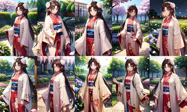 masterpiece, best quality, highres, hmshiki, very long hair, ahoge, hair flower, hair ornament, blue eyes, floral print, (layered clothes:1.2), haori, japanese clothes, <lora:ryougi_shiki_v1:0.7>, garden, petals, cowboy shot, standing,