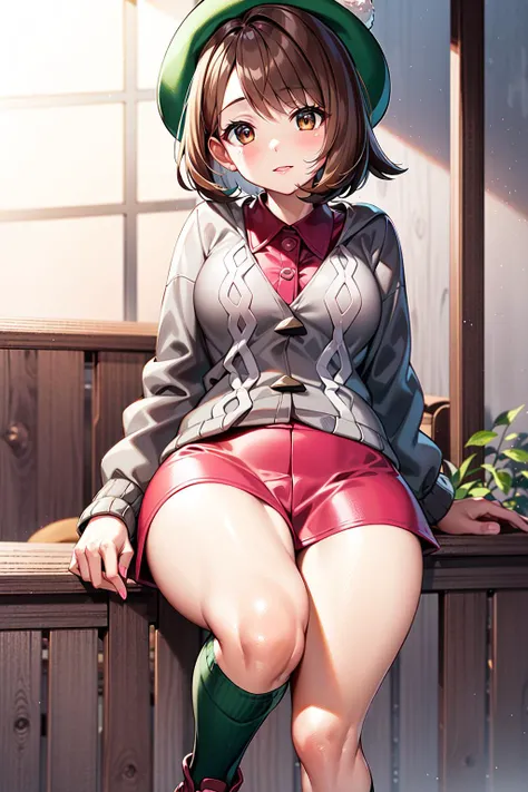 masterpiece, best quality, highres, gloria1, 1girl, gloria \(pokemon\), brown hair, solo, brown eyes, tam o' shanter, grey cardigan, pink dress, short hair, green socks, socks, bob cut, bangs, long sleeves, collared dress, thighs, breasts, smile, mature female, กางเกงในสีขาว, โชว์ กางเกงใน, เปียก, camel toe,