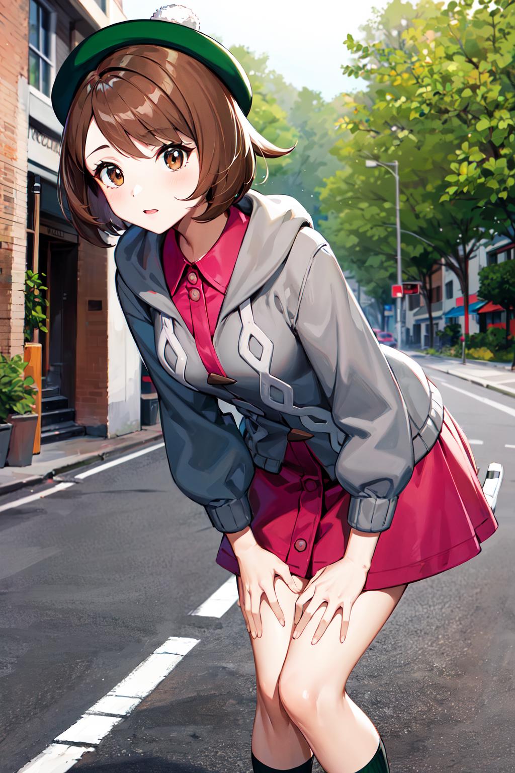 Anime girl in a red dress and green hat crossing the street - SeaArt AI