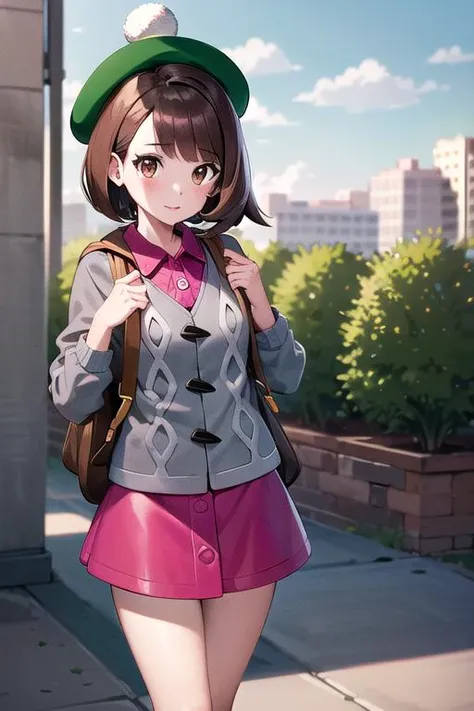 masterpiece, best quality, highres, gloria1, 1girl, gloria \(pokemon\), brown hair, solo, backpack, brown eyes, tam o' shanter, grey cardigan, pink dress, short hair, green socks, socks, brown bag, bob cut, bangs, long sleeves, collared dress, , cowboy shot, standing, outdoors, city <lora:gloriaPokemon_v10:0.6>