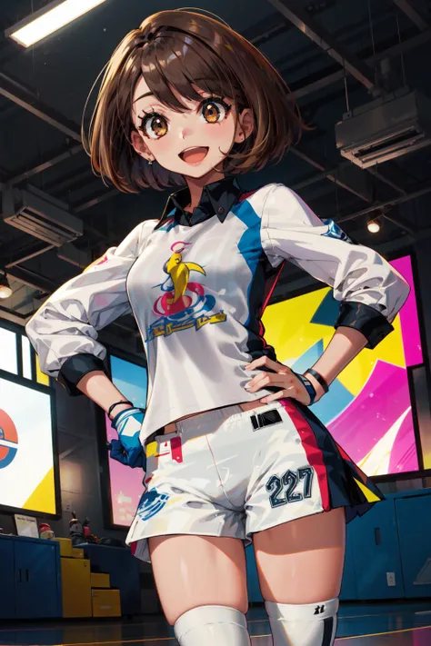 masterpiece,best quality,1girl,gloria2,brown eyes,brown hair,single glove,gloria \(pokemon\),bangs,collared shirt,white socks,white shorts,short hair,partially fingerless gloves,short shorts,kneehighs,striped shirt,bob cut,print shirt,vertical stripes,eyelashes,smile,open mouth,one hand on hip,gym,indoors,<lora:gloria_(pokemon)_v1:0.6>,