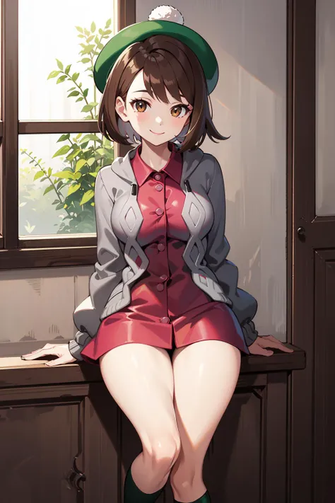 masterpiece, best quality, highres, gloria1, 1girl, gloria \(pokemon\), brown hair, solo, brown eyes, tam o' shanter, grey cardigan, pink dress, short hair, green socks, socks, bob cut, bangs, long sleeves, collared dress, thighs, breasts, smile, mature female, กางเกงในสีขาว, โชว์ กางเกงใน, เปียก, camel toe,