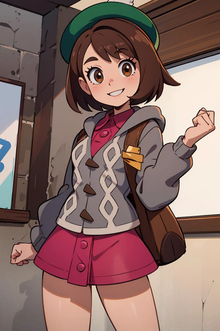 ((masterpiece,best quality)), absurdres, <lora:gloria_(pokemon)_v1:0.7>, gloria \(pokemon\), brown hair, solo, backpack, brown eyes, tam o' shanter, grey cardigan, pink dress, short hair, green socks, socks, brown bag, bob cut, bangs, long sleeves, collared dress, solo, smiling, looking at viewer, cowboy shot, cinematic composition, dynamic pose, contrapposto,