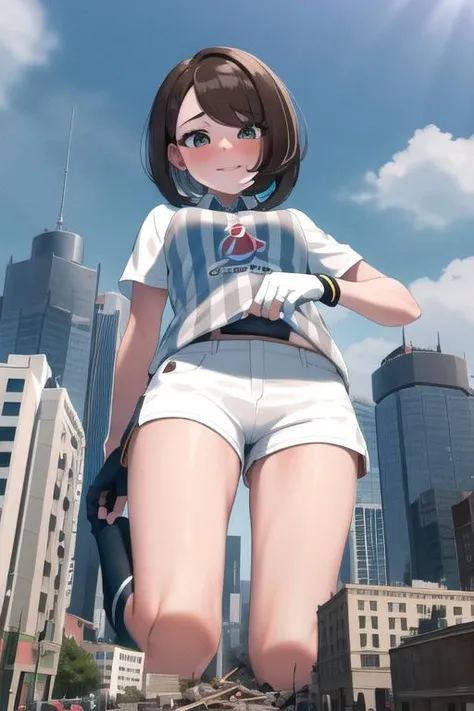 masterpiece, best quality, highres, gloria2, 1girl, solo, brown eyes, brown hair, single glove, gloria \(pokemon\), bangs, collared shirt, white socks, white shorts, short hair, partially fingerless gloves, short shorts, kneehighs, striped shirt, bob cut, print shirt, vertical stripes, eyelashes, <lora:gloria_(pokemon)_v1:0.6>, nervous, blushing, embarrassed,
masterpiece, best quality, <lora:GTS:0.85>, micro city, tiny skyscrapers, tiny buildings, looking down at viewer, (gts:1.2), (groundview:1.2), from below, (rampage, destruction:1.2), (partially obscured:1.2), (in distance:1.2), kneeling, investigating highres, detailed eyes, perfect eyes, beautiful eyes, perfect face,