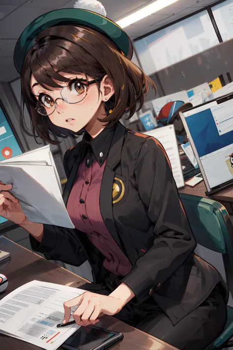 masterpiece,best quality,1girl,gloria1,gloria \(pokemon\),brown eyes,brown hair,short hair,bangs,hat,business suit,glasses,nervous,holding documents,office,indoors,<lora:gloria_(pokemon)_v1:0.6>,