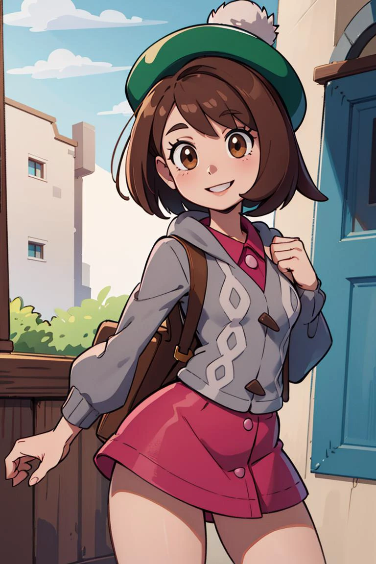 ((masterpiece,best quality)), absurdres, <lora:gloria_(pokemon)_v1:0.7>, gloria \(pokemon\), brown hair, solo, backpack, brown eyes, tam o' shanter, grey cardigan, pink dress, short hair, green socks, socks, brown bag, bob cut, bangs, long sleeves, collared dress, solo, smiling, looking at viewer, cowboy shot, cinematic composition, dynamic pose, contrapposto,
