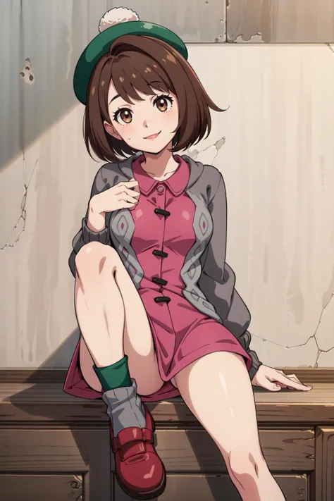 masterpiece, best quality, highres, gloria1, 1girl, gloria \(pokemon\), brown hair, solo, brown eyes, tam o' shanter, grey cardigan, pink dress, short hair, green socks, socks, bob cut, bangs, long sleeves, collared dress, <lora:gloria_(pokemon)_v1:0.6>, thighs, breasts, smile, mature female