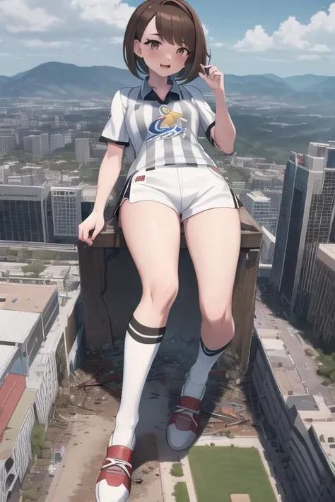 masterpiece, best quality, highres, gloria2, 1girl, solo, brown eyes, brown hair, single glove, gloria \(pokemon\), bangs, collared shirt, white socks, white shorts, short hair, partially fingerless gloves, short shorts, kneehighs, striped shirt, bob cut, print shirt, vertical stripes, eyelashes, <lora:gloria_(pokemon)_v1:0.6>, blushing, embarrassed,
masterpiece, best quality, <lora:GTSv5:0.85>, micro city, stadium, looking down at viewer, (gts:1.2), (groundview:1.2), from below, (rampage, destruction:1.2), (in distance:1.2), standing, investigating, highres, detailed eyes, perfect eyes, beautiful eyes, perfect face, distant view, full body
