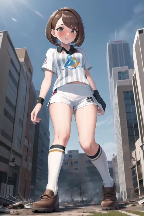 masterpiece, best quality, highres, gloria2, 1girl, solo, brown eyes, brown hair, single glove, gloria \(pokemon\), bangs, collared shirt, white socks, white shorts, short hair, partially fingerless gloves, short shorts, kneehighs, striped shirt, bob cut, print shirt, vertical stripes, eyelashes, <lora:gloria_(pokemon)_v1:0.6>, blushing, embarrassed,
masterpiece, best quality, <lora:GTSv5:0.85>, micro city, stadium, looking down at viewer, (gts:1.2), (groundview:1.2), from below, (rampage, destruction:1.2), (in distance:1.2), standing, investigating, highres, detailed eyes, perfect eyes, beautiful eyes, perfect face, distant view, full body