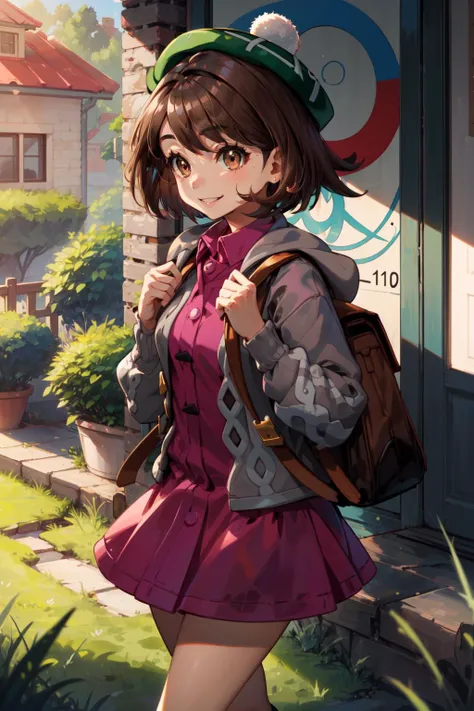 masterpiece,best quality,1girl,gloria1,gloria \(pokemon\),brown hair,solo,backpack,brown eyes,tam o' shanter,grey cardigan,pink dress,short hair,green socks,brown bag,bob cut,bangs,long sleeves,collared dress,smile,grass,outdoors,<lora:gloria_(pokemon)_v1:0.6>,