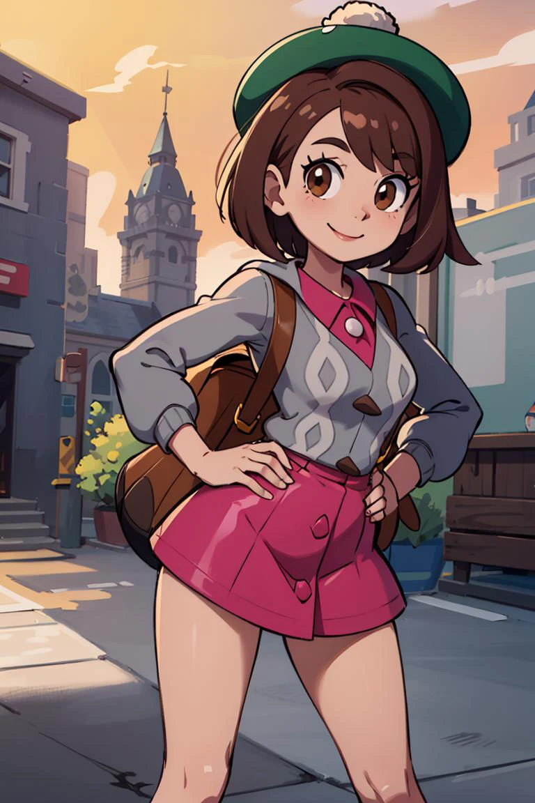 ((masterpiece,best quality)), absurdres, <lora:gloria_(pokemon)_v1:0.7>, gloria \(pokemon\), brown hair, solo, backpack, brown eyes, tam o' shanter, grey cardigan, pink dress, short hair, green socks, socks, brown bag, bob cut, bangs, long sleeves, collared dress, solo, smiling, looking at viewer, cowboy shot, cinematic composition, dynamic pose, contrapposto, hand on hip,