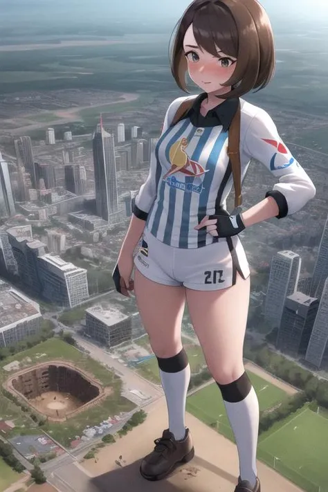 masterpiece, best quality, highres, gloria2, 1girl, solo, brown eyes, brown hair, single glove, gloria \(pokemon\), bangs, collared shirt, white socks, white shorts, short hair, partially fingerless gloves, short shorts, kneehighs, striped shirt, bob cut, print shirt, vertical stripes, eyelashes, <lora:gloria_(pokemon)_v1:0.6>, blushing, embarrassed,
masterpiece, best quality, <lora:GTSv5:0.85>, micro city, stadium, standing in a stadium,
GTS, 1girl, solo, huge giantess standing in a stadium, standing:1.5, looking down at viewer, (gts:1.2), (groundview:1.2), from below, (rampage, destruction:1.2), (in distance:1.2), standing, investigating, highres, detailed eyes, perfect eyes, beautiful eyes, perfect face, distant view, full body
BREAK (16k, highres, high quality, masterpiece, ultra detailed, perfect lighting:1.1), 1girl, destruction, rampage, debris, rubble