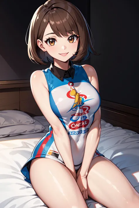 masterpiece, best quality, highres, gloria2, 1girl, solo, brown eyes, brown hair, gloria \(pokemon\), bangs, short hair, bob cut, eyelashes, <lora:gloria_(pokemon)_v1:0.6>, thighs, breasts, smile
