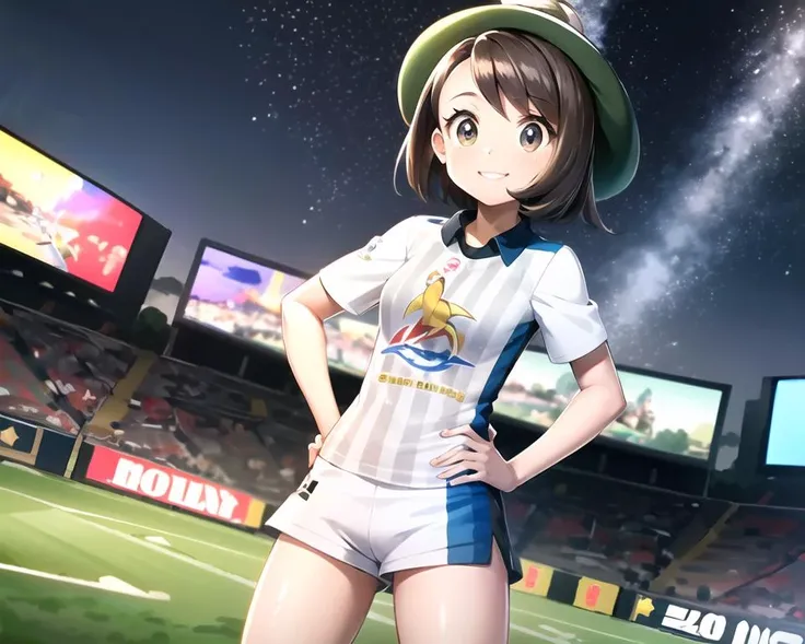 masterpiece, best quality, absurdres, perfect antomy ,1girl, solo, standing, <lora:gloria_v2:0.9>, gloria \(pokemon\), smile, shorts,  short hair, octane render, big eyes,  <lora:beautifulDetailedEyes:0.7>,brown eyes, tam o' shanter, ,  hands on hips, raised eyebrows,eyelashes ,brown hair,<hypernet:maplestory2Style:0.4>,sportswear, t-shirt, open air stadium, audiance, night time:1.3, wide shot,grass play field, looking at viewer, colored lights ,  dark, bloom, star \(sky\),