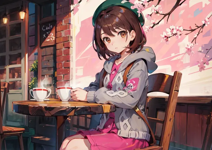 masterpiece, high quality, highres, absurdres, ultra-detailed, detailed eyes, 8k, gloria1, gloria \(pokemon\), short hair, pink dress, grey cardigan, hat, brown hair, brown eyes, cafe background, table, chair, wood, vibrant, contrast, relax, sitting