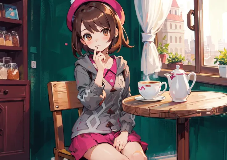 masterpiece, high quality, highres, absurdres, ultra-detailed, detailed eyes, blush, 8k, gloria1, gloria \(pokemon\), short hair, pink dress, grey cardigan, hat, brown hair, brown eyes, cafe background, chair, wood, window, vibrant, contrast, relax, sitting