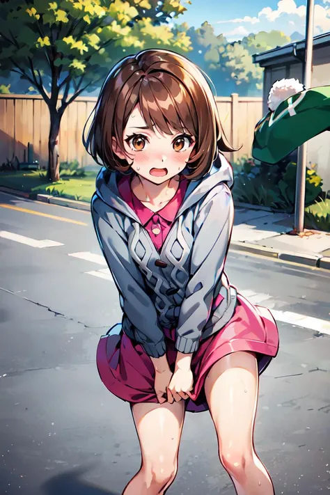 masterpiece, best quality, highres, 1girl, gloria \(pokemon\), brown hair, (brown eyes:1.2), tam o' shanter, short hair, bob cut, bangs, looking at viewer, embarrassed, sweat, <lora:gloria_(pokemon)_v1:0.6>, grey cardigan, pink dress, short hair, bob cut, bangs, collared dress, long sleeves, hood, <lora:skirt tug_SD_V1.2:0.2> skirt tug, skirt, wind lift, blush, wind, cowboy shot, scenic view